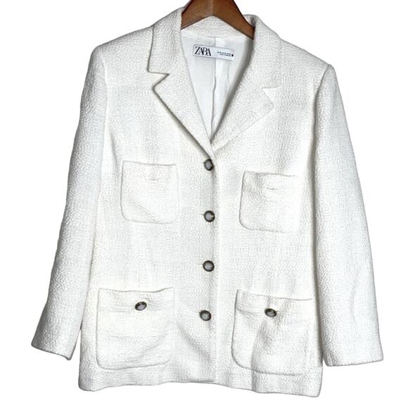 Zara Textured Jacket Blazer Ivory White Gold Button Size Xl - Picture 1 of 6